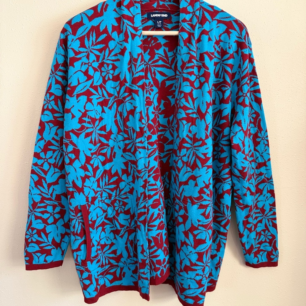 Lands’ End Blue Burgundy Floral Open Front Cardigan Women’s Petite Large